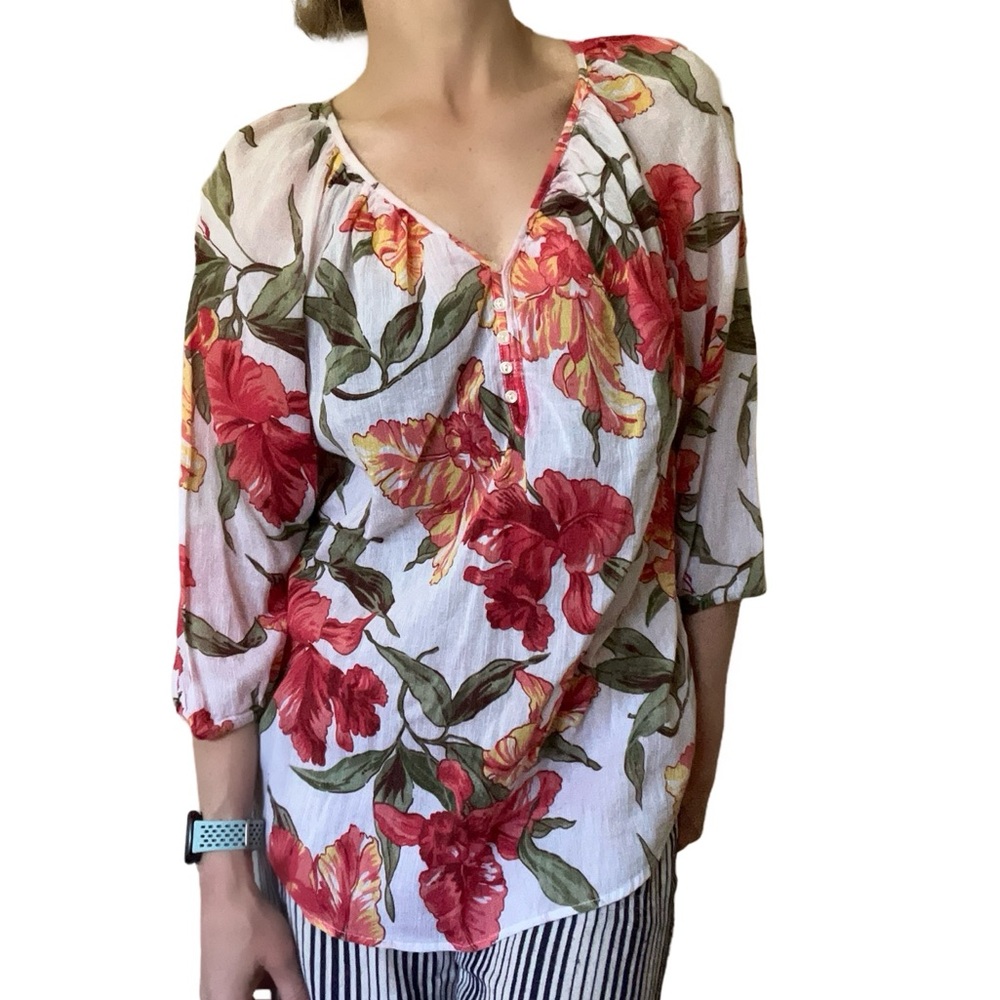 Chaps 100% Cotton White Floral Tropical Vacation Top Blouse - Picture 3 of 11